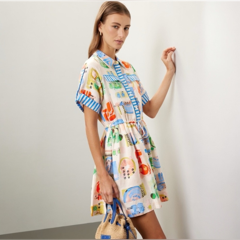 HUNTER BELL Multicolor Printed Cotton Mini Dress with Blue Trim - Picture 3 of 10